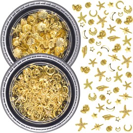 Winsyison 2 Disc Ocean Nail Art Charms, 3D Metal Star Nails Stickers, Beach Starfish Seashell Decals Manicure DIY Embellishments for Women- Gold