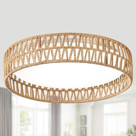 Ogmokila LED Rattan Flush Mount Ceiling Light Fixture, Boho Light Fixtures Ceiling 16.9 inch, 24W Dimmable Rattan Ceiling Light 5CCT 3000K-6000K for Hallway Bedroom Kitchen Entryway Living Room
