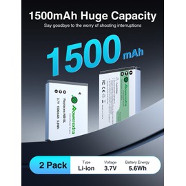 Powerextra NB-5L Battery(2 Pack 1500mAh) and Smart LCD Display Charger for Canon PowerShot SD880 IS,990 IS,950 IS,790 IS,870 IS,900 IS,800IS,860IS,890 IS,970 IS,850 IS,700 IS,SX230 HS,220 IS,S110,S100