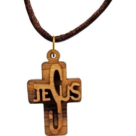 Logos Trading Post 3D Jesus Cross, Wooden Cross Necklace for Men & Women, Certified Holy Land Olive Wood Orthodox Pendant Necklace from Bethlehem Israel, Christian & Catholic Religious Keepsake Gift