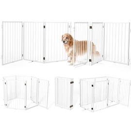 Metal Freestanding Dog Gates with Door,Indoor&Outdoor Pet Fences for Puppy Dogs,Extra Wide White Free Standing Foldable Dog Gate for Doorways,House,Stairs,Porch,Deck(6 Panels 24''H×120''W)
