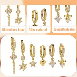 6 Piece Piercing Ear Gold Earrings Set for Multiple Ear Holes Stackable Cubic Zirconia Stud Earrings Hoop Earrings Set for Women Gold-Plated Stud Earrings Set