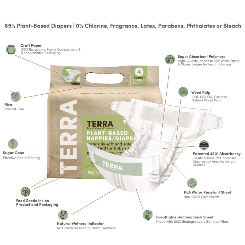 Terra Size 4 Diapers: 85% Plant-Based Diapers, Ultra-Soft & Chemical-Free