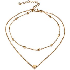 Bohemia Layered Choker Necklace Heart Necklace Disc Choker Gold Heart Disc Pendant Necklace Multilayer Station Chain for Women and Girls (One size, Golden)
