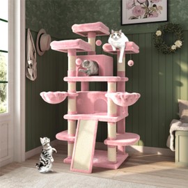 MUTICOR 68 Inches Multi-Level Large Cat Tree Tower with Cat Condo/Cozy Plush Cat Perches/Sisal Scratching Posts and Hammocks/Cat Activity Center Play House/Wide Base/Pink