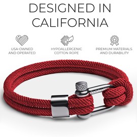 Elegatto Alchor Platinum Rope Bracelet for Men | Premium Nylon Marine Cord with Silver Polished Stainless Steel Shackle Closure | Water Resistant | Men’s Designer Bracelets | Red Small (6.5")
