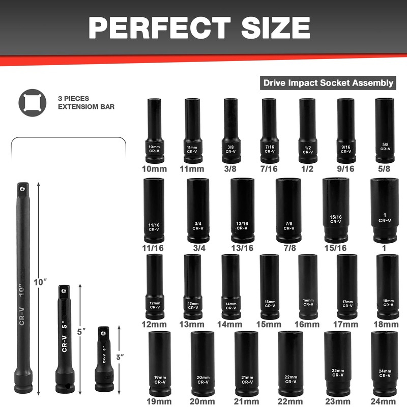 EACELIY 29pcs 1/2" Socket Set, Drive Deep Impact Socket Set,