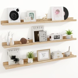 Picture Ledge Shelf Set of 3, 48 Inch Natural Wood Rustic Floating Shelves with Lip for Wall Storage, Nursery Floating Book Shelves for Living Room Bathroom Bedroom Kitchen, Carbonized Black