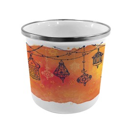 Ambesonne Traditional Steel Camping Mug, Garland Look Exotic Folk Themed Oriental Art on Watercolor Blots, Printed Thermal Cup for Camping and Outdoor Activities, Vermilion Orange Black