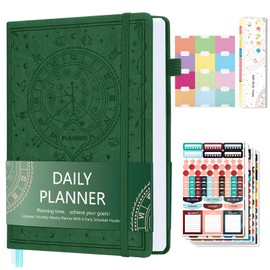 Ospelelf 2025 Leather Undated Daily Planner 2024-2025 (5.5 x 8.5''), Weekly & Monthly Life Planner, Organizer Notebook & Productivity Journal. A5 Hardcover with Stickers(Dark Green)