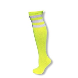 Colored Knee High Tube Socks with Colored Stripes (Neon Yellow with White Stripes)