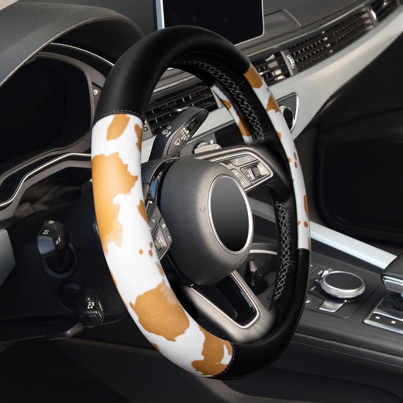 Cow Print Car Steering Wheel Covers, Breathable Microfiber Leather for