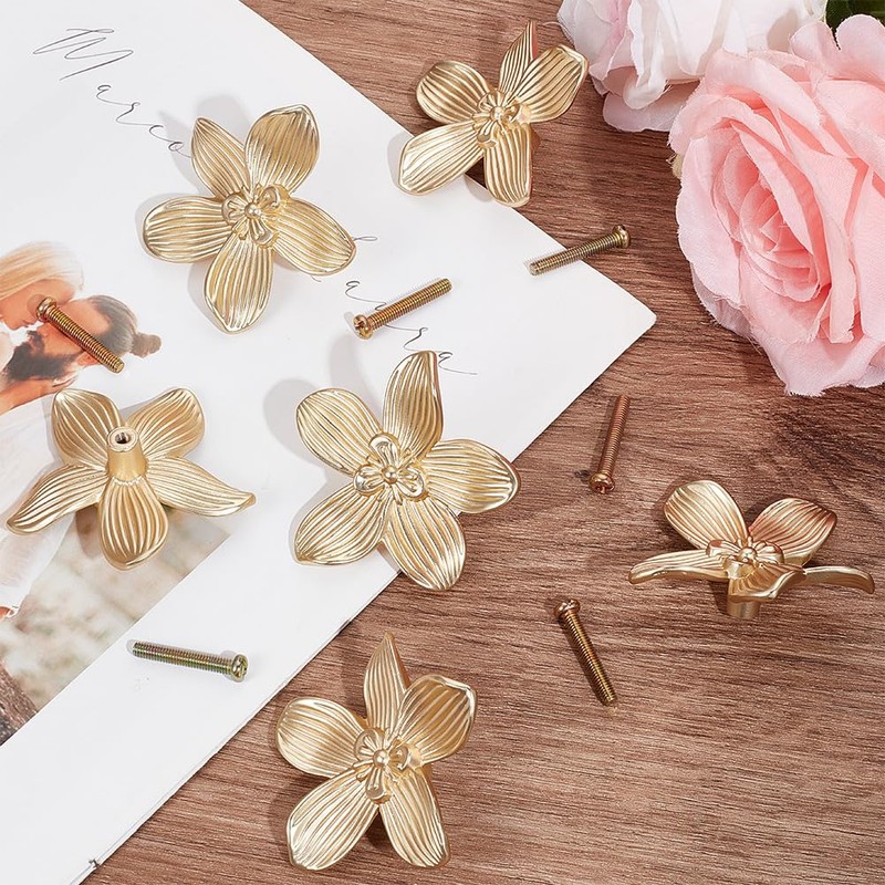 CREATCABIN 6 Sets Gold Flower Drawer Knobs Cabinet Knobs Dresser