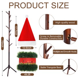 Cinnvoice 70 Inch Christmas Stocking Holder Stand Freestanding Wooden Stocking Holder Rack with 8 Hooks Christmas Stocking Hangers with Artificial Christmas Garland and Santa Hat for Xmas Holiday Home
