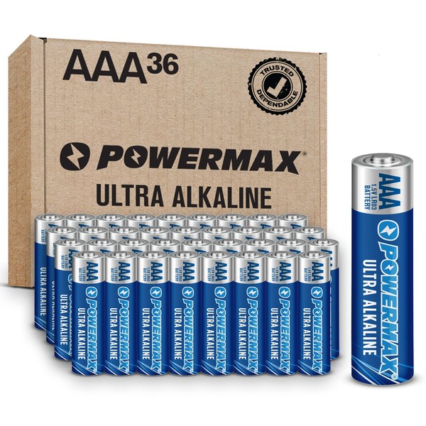 Powermax 36-Count AAA Batteries, Ultra Long Lasting Alkaline Battery, 10-Year Shelf Life, Reclosable Packaging