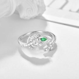 KINGWHYTE Feather Thumb Ring 925 Sterling Silver Adjustable Finger Rings Cubic Zirconia Ring Angel Wings Jewellery Birthday Gifts for Women, Sterling Silver, Emerald