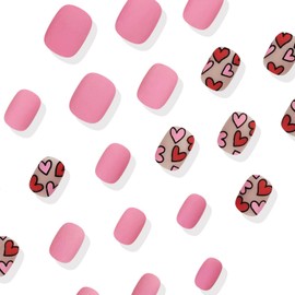 Valentines Press on Nails Short Square Fake Nails Pink False Nails with Designs Red Pink Heart Stick on Nails Glossy Glue on Nails Pink Valentines Nails Acrylic Nails for Women Girls 24 Pcs