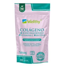 Wellthy Colageno Hidrolizado 220 Cápsulas con Ácido Hialurónico, Vitamina C, Magnesio Marino y Biotina. Bottle Free.