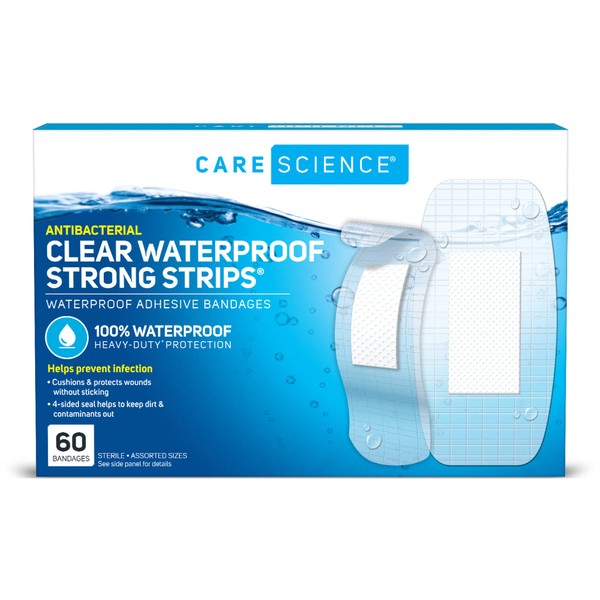 Care Science Clear Waterproof Strong Strips Extra Large Adhesive Bandages, 60 Count Assorted | First Aid and Wound Care, Heavy-Duty Protection, 100% Water Resistant