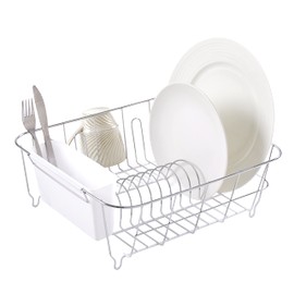 Sweet Home Collection Metal 2 Piece Dish Drying Rack Set Drainer with Utensil Holder Simple Easy to Use Fits in Most Sinks, 14.5" x 13" x 5.25", White