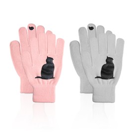 HDGSAFD 2 Pairs of Knitted Gloves with Cat Pattern, Warm Winter Gloves, Women's Gloves, Cold-Resistant Clothing Accessories, gray