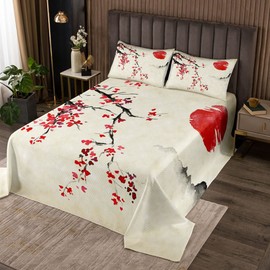 Japanese Quilted Coverlet Set Cherry Blossoms Sun Quilted Bedspread for Kids Boys Girls Sakura Tree Flowers Spring Red Brown 3Pcs King Size
