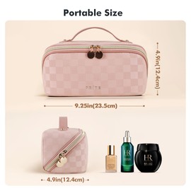 Prite Makeup Bag for Women Travel Waterproof Vegan Leather Cosmetic Bag Open Flat Toiletry Bag With Clear Divider and Handle (Plaid Pink)