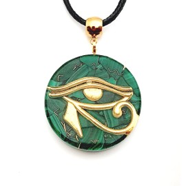 Orgone pendant necklace Golden Eye of Horus and natural Malachite stones. Egyptian Amulet. Made in USA