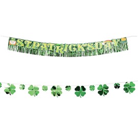 St. Patrick's Day Party Hanging Decorations - Metallic Fringe Garland and Shamrock Banner Set