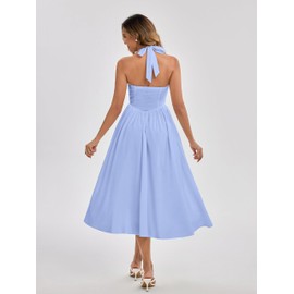 Parthea Women's Summer Halter Corset Midi Dress 2025 Elegant Smocked Flowy Wedding Guest Dresses with Pockets Blue