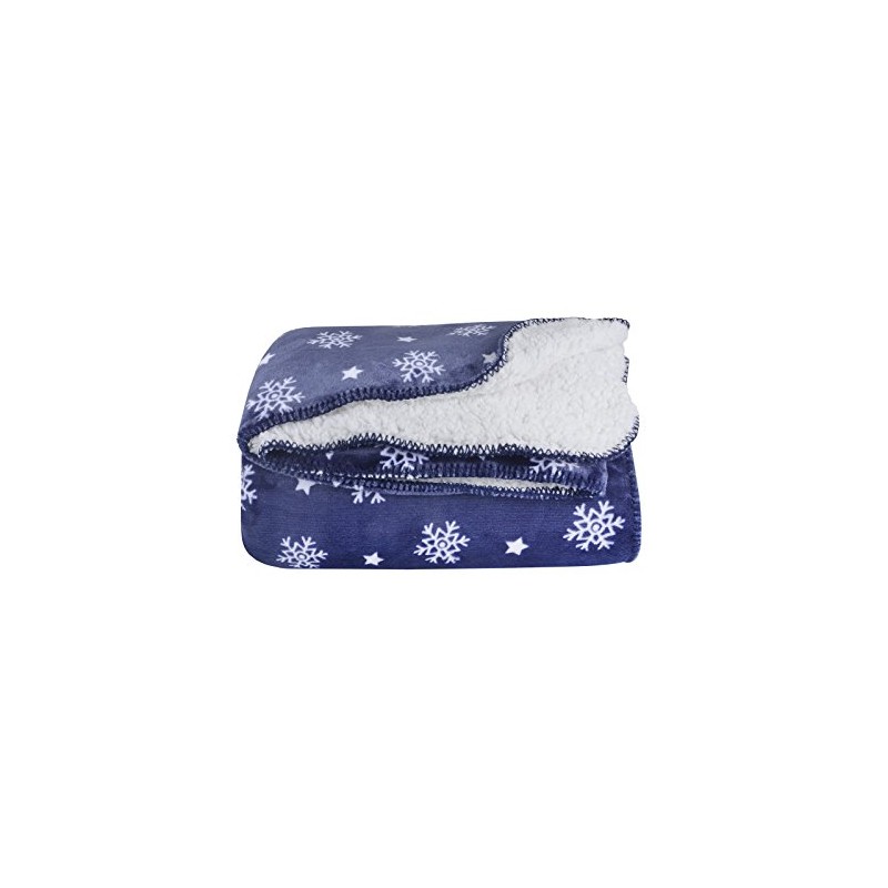 Micro-Pro Navy Snowflake Sherpa Lined Fleece Blanket Throw Cosy Soft