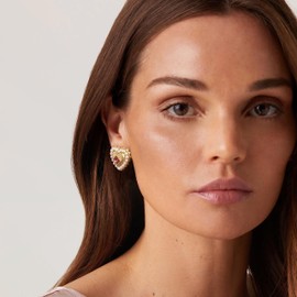 ENSKEFEN Heart Clip-On Earrings for Women Pearl Earrings Carnelian Stone Heart Earrings Retro Statement Gold Non-Pierced Earrings