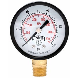 Winters 2 inch Dial Size, Multi Function Economy Utility Dry Pressure Gauge, Brass Internals, Black Steel Case, Dual Scale 0-100 psi/kPa, 3-2-3% Accuracy, 1/4 inch NPT Bottom Mount, Pressure Gauge