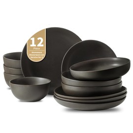 Tikooere Stoneware Dinnerware Set for 4 Person,12 Pieces Ceramic Plates and Bowls Sets Matte Black Modern Dish Set for Kitchen Dinner,Scratch Resistant,Microwave and Dishwasher Safe,Round