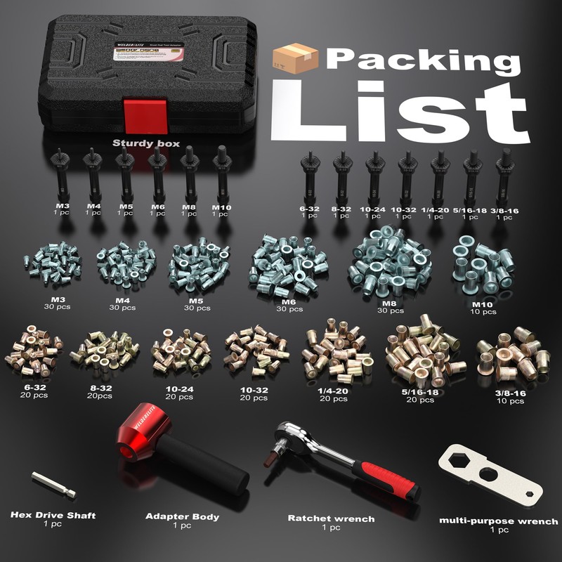 WelderElite Rivet Nut Drill Adaptor Tool Kit Contains 290 Rivet