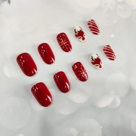 Christmas Press on Nails Short Oval Fake Nails with Snowflake Design Red Christmas Deer False Nails Glossy Glue on Nails Winter Xmas Artificial Nails Holiday Manicure for Women Girls 24Pcs