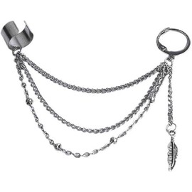 Vintage Tassel Ear Cuff Crawler Climber Earring for Women Girls Men Stainless Steel Cartilage Small Hoop Wrap Vine Clip on Feather Leaf Multi Layered Chain Drop Fashion Jewelry 1 Piece (One size, Silvery)