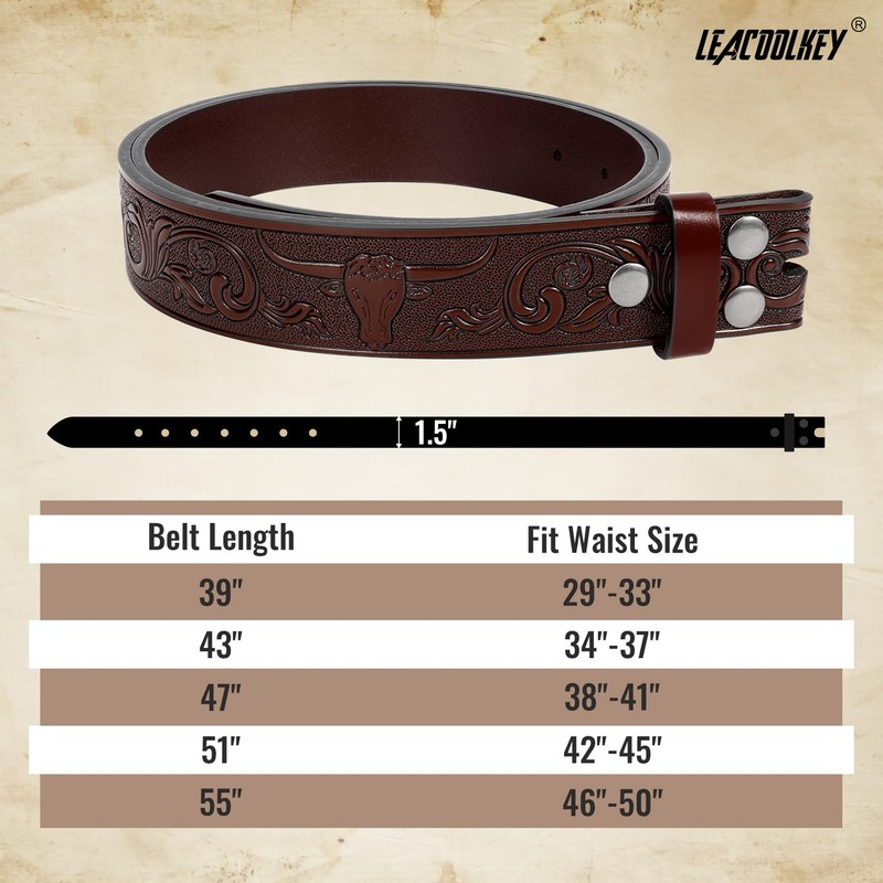 LEACOOLKEY Western Leather Belt Strap for Men Cowboy Belts without