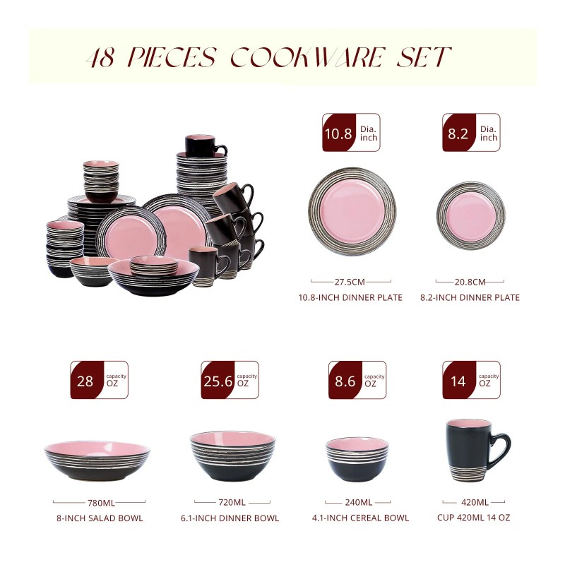 A Luxurious Relief pink Ceramic Tableware Set with 48 Pieces