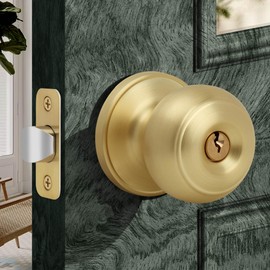Moquin Flat Ball Entry Brushed Gold Door Knob with Keys, Round Interior Door Knob in Satin Brass Finish, Keyed Doorknob Lock for Front Entrance