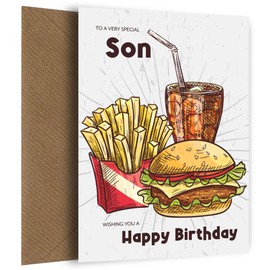 Son Birthday Card for Child or Adult - Takeaway Burger Fries Drink Meal Deal - Say Happy Birthday on 10th 11th 12th 13th 16th Birthday and more - Any Age Bday Card