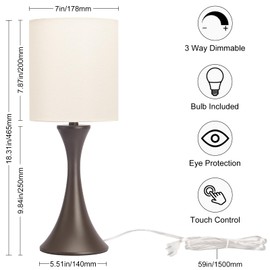 3 Way Touch Control Table Lamp, Modern Bedside Lamp Dimmable Nightstand Lamp with Beige Shade and Dark Brown Base, Small Desk Lamp for Living Room, Dorm, Home Office, 9W LED Bulb Included