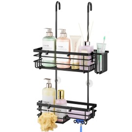 HapiRm Hanging Shower Caddy – For Renters & Small Bathrooms, Fits Shower Curtain Rods, No Drilling, 2 Rustproof 304 Shelves, 4 Hooks, and a Detachable Toothbrush Holder You Can Rinse - Black