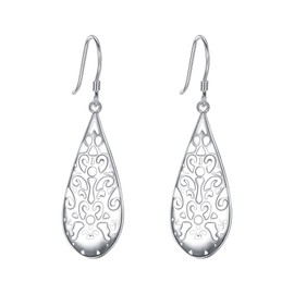EVER FAITH Bridal Jewelry 925 Sterling Silver Art Deco Filigree Floral Hollow Drop Shaped Hook Earrings