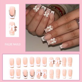 French Tip False Nails - 24pcs Press on Nail Short - Square Pink Stick on Nails with 3d Bow - 12 Sizes Glue on Nails French Nail Tips - Full Cover Glossy Acrylic Fingernail for Women Girls Nail Art