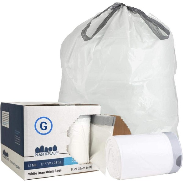 Plasticplace Custom Fit Trash Bags │ Simplehuman Code G Compatible (200Count) │ White Drawstring Garbage Liners 8 Gallon/ 30 Liter │ 17.5" X 28"