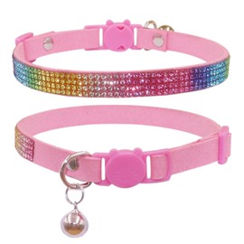 THAIN Bling cat Kitten Collar Rainbow Rhinestone Breakaway Diamond with Bell Soft Velvet Quick Release (Pink)