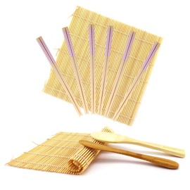 BambooMN 10 Piece Complete Sushi Making Kit 2x Bamboo Rolling Mats, 1x Rice Paddle, 1x Spreader and 6 Pairs Purple Diamond Chopsticks