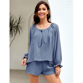 KFUBUO Women 2 Piece Pajamas Set Pjs Ruffle Long Sleeve Top and Shorts Lounge Set with Pockets Dusty Blue