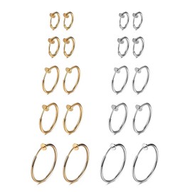 Evevil Fake Nose Ring Clip On Hoop Earrings For Women Faux Lip Septum Ring Spring Endless Hoop Earrings Non Piercing Lobes Men Women (10 Pairs, 13mm-25mm,Steel Plated & Gold Plated Color)